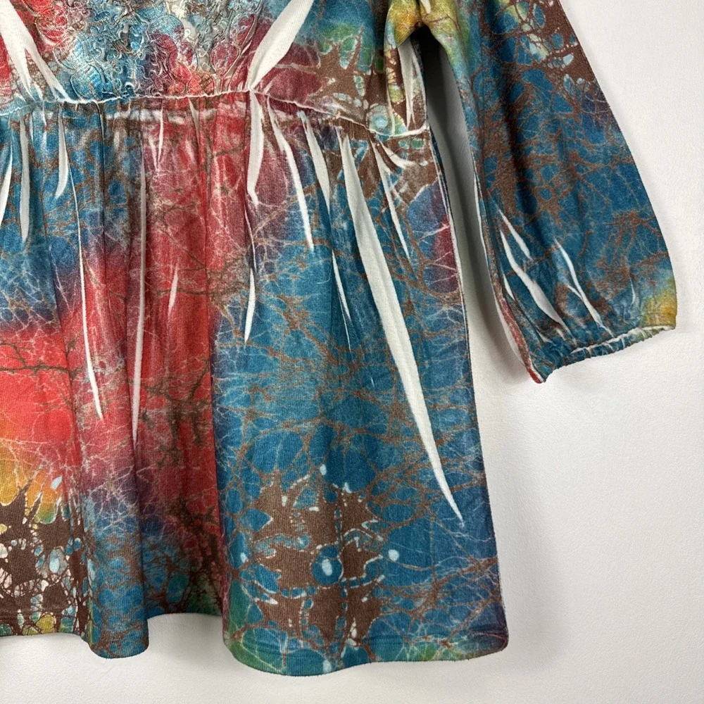 Y2K 2000s Top Womens Large XL Colorful Vibrant Babydoll‎ Boho Tunic Blouse - Picture 3 of 10